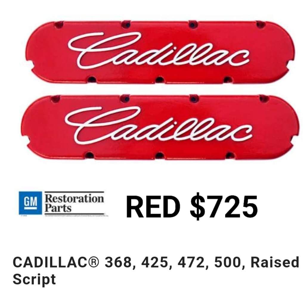Cadillac V8 Valve Covers – Red Raised Script (Fits 368/425/472/500) 1968-1976