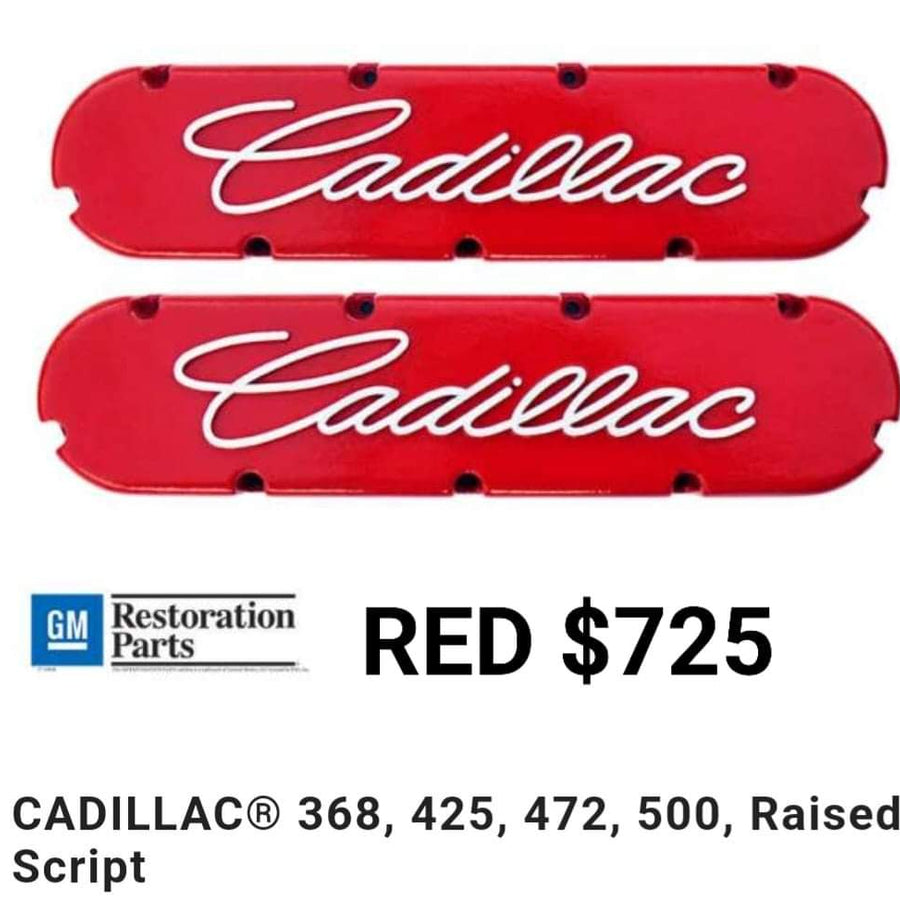 Cadillac V8 Valve Covers – Red Raised Script (Fits 368/425/472/500) 1968-1976