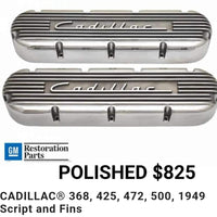 Cadillac V8 Valve Covers – Polished Script & Fins (Fits 368/425/472/500) 1968-1976