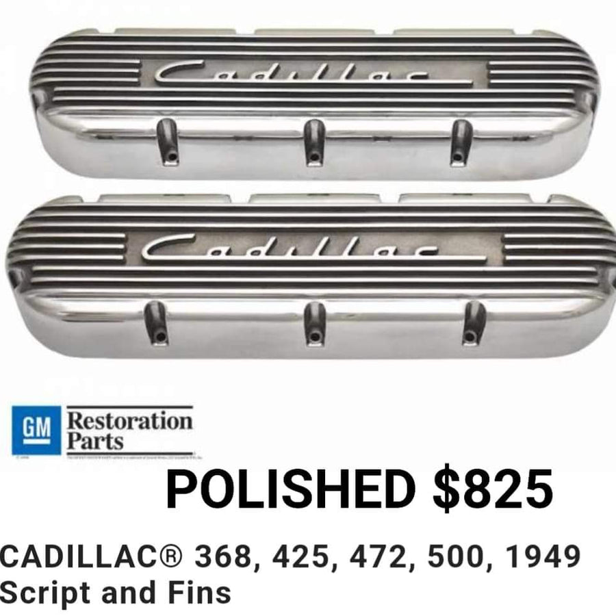 Cadillac V8 Valve Covers – Polished Script & Fins (Fits 368/425/472/500) 1968-1976