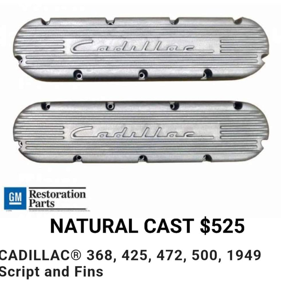 Cadillac V8 Valve Covers – Natural Cast Script & Fins (Fits 368/425/472/500) 1968-1976
